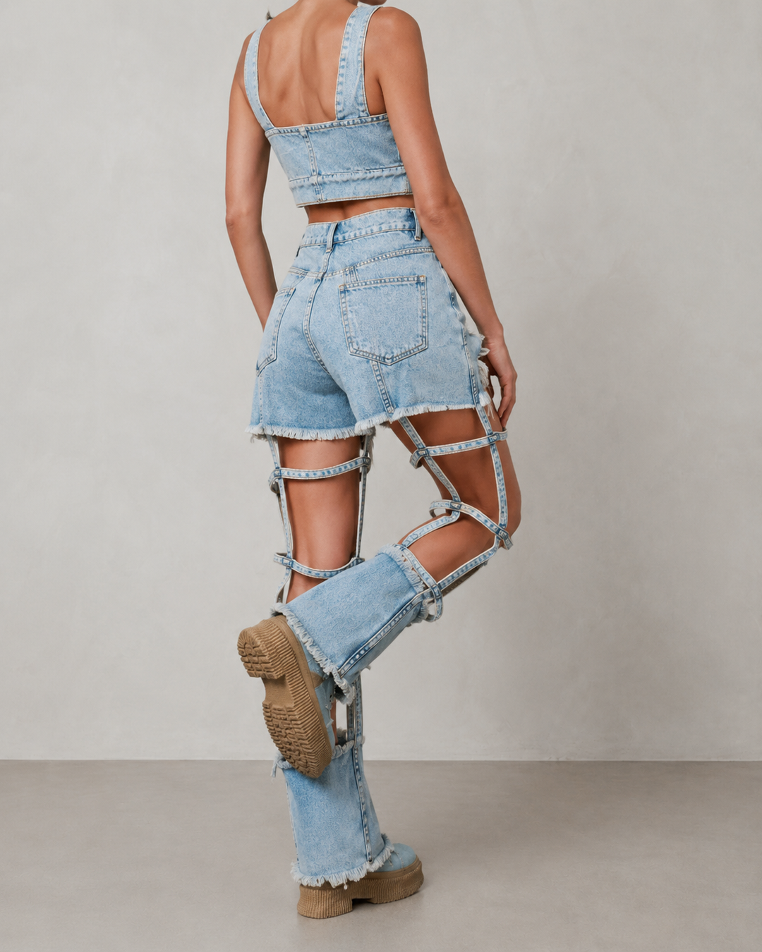 Gaia - Stylový světle modrý denimový crop top s detaily na ramínkách a setem roztrhaných šortek