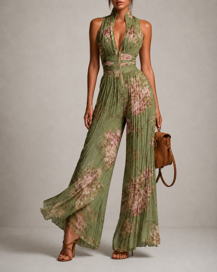 Zsófia Jumpsuit | Plisovaný chiffon overal v zelené barvě