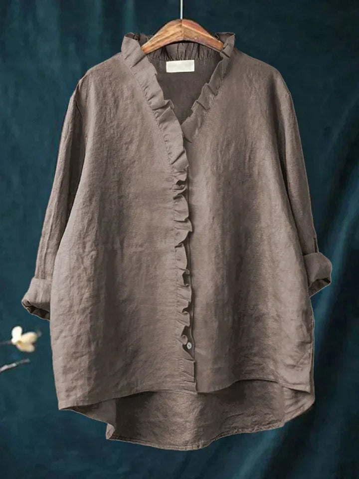 Ava™ | Casual Cotton And Linen Ruffle Shirt