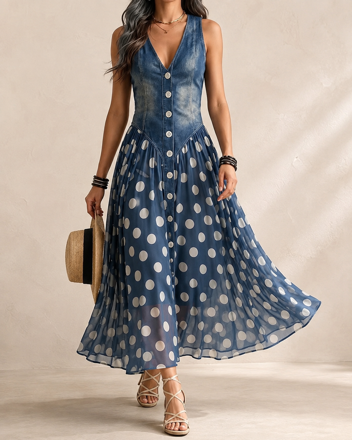 Adeline | Dlouhá Denim Šaty s Puntíky