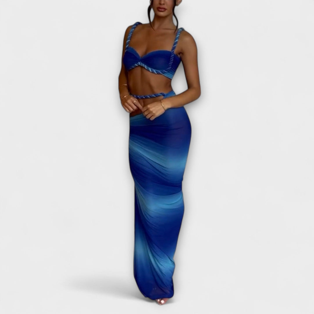 Jane - Stylový gradientový pletený crop top a overskirt duo