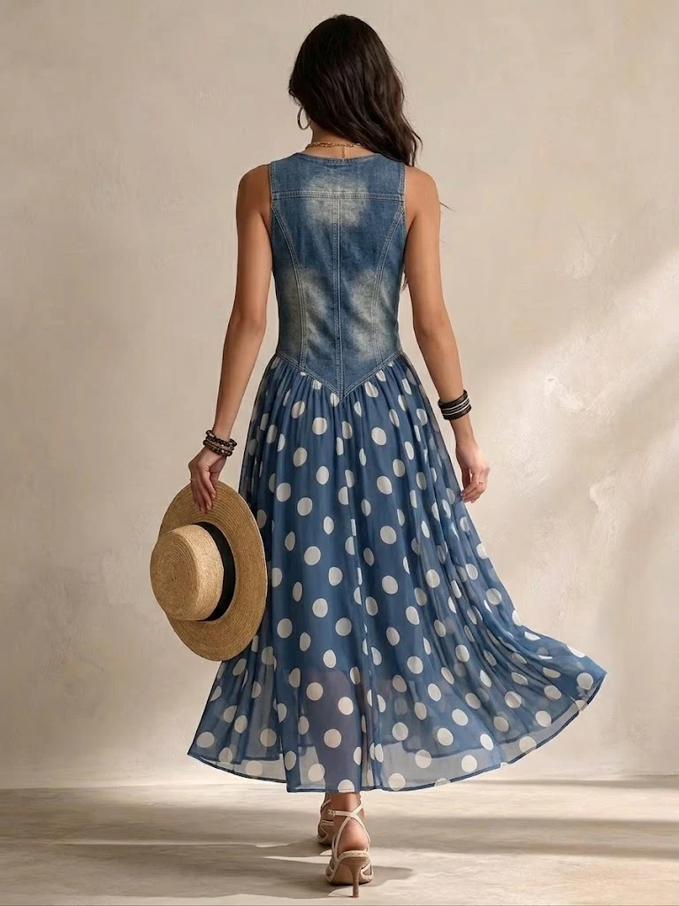 Adeline | Dlouhá Denim Šaty s Puntíky