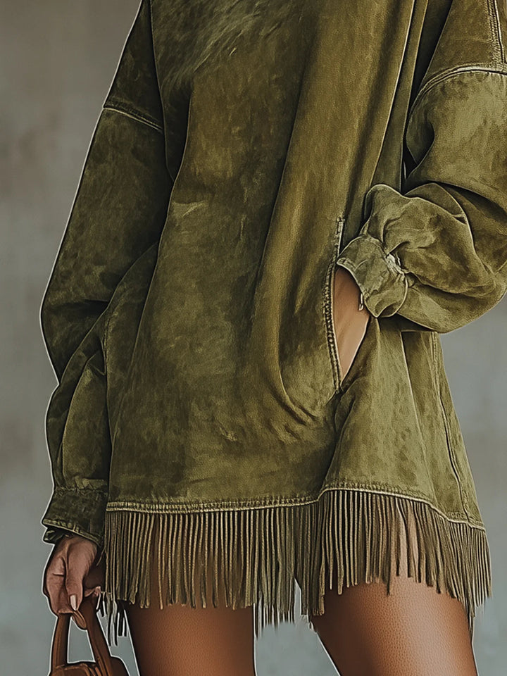 Sophie™ | Semišové šaty s vysokým límcem a třásněmi