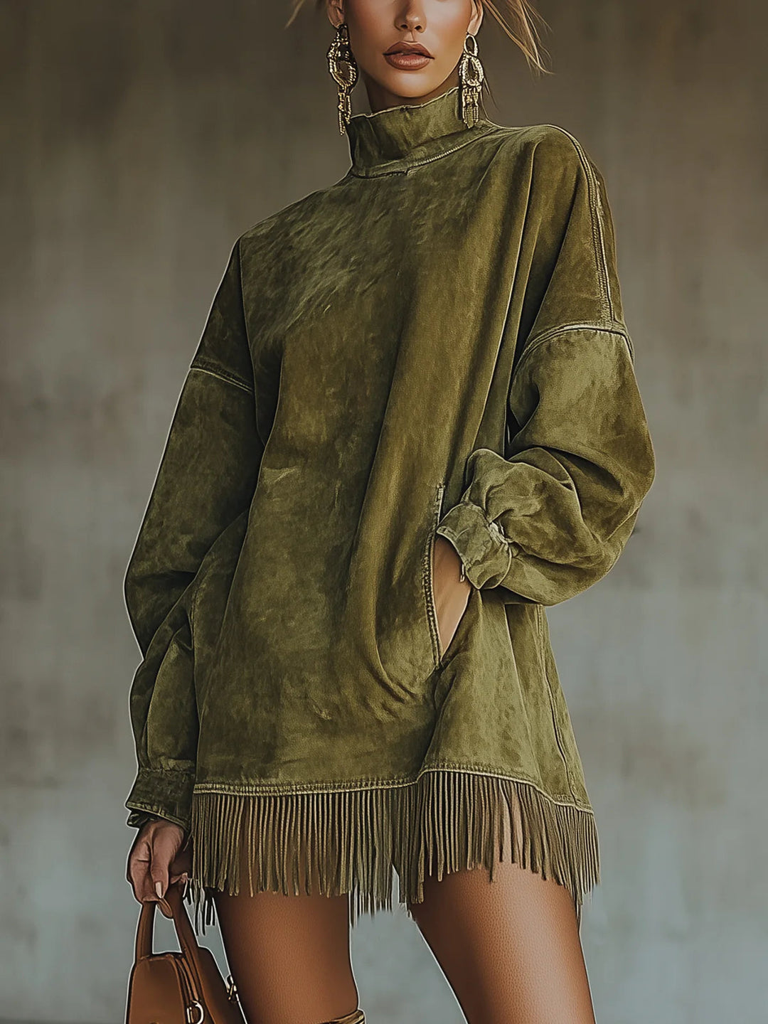 Sophie™ | Semišové šaty s vysokým límcem a třásněmi