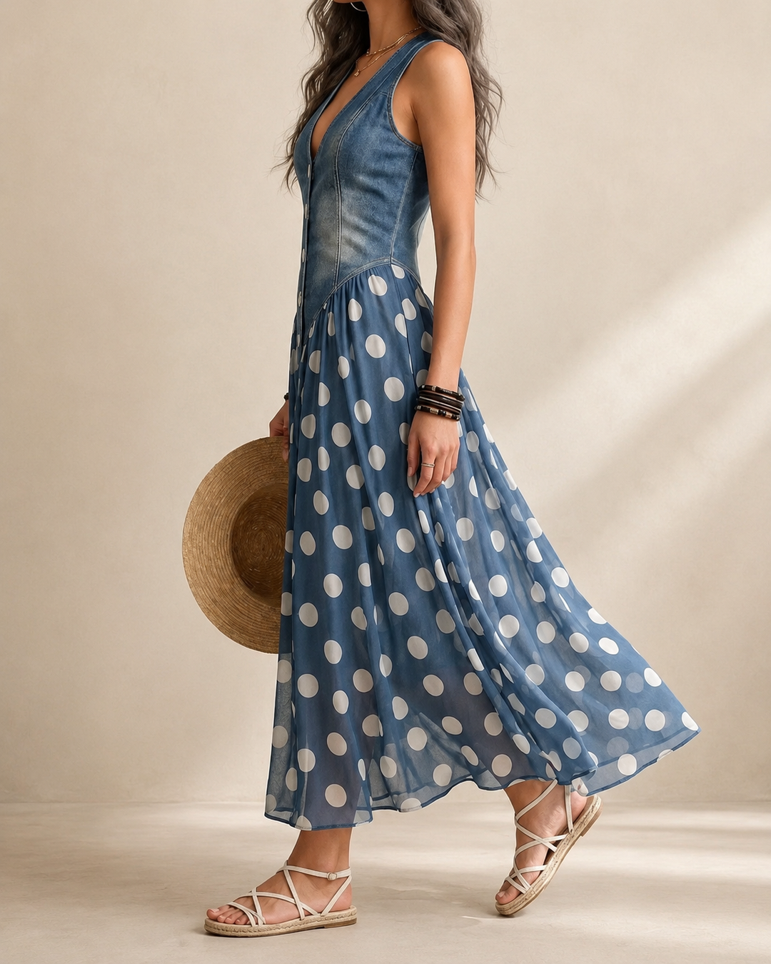 Adeline | Dlouhá Denim Šaty s Puntíky